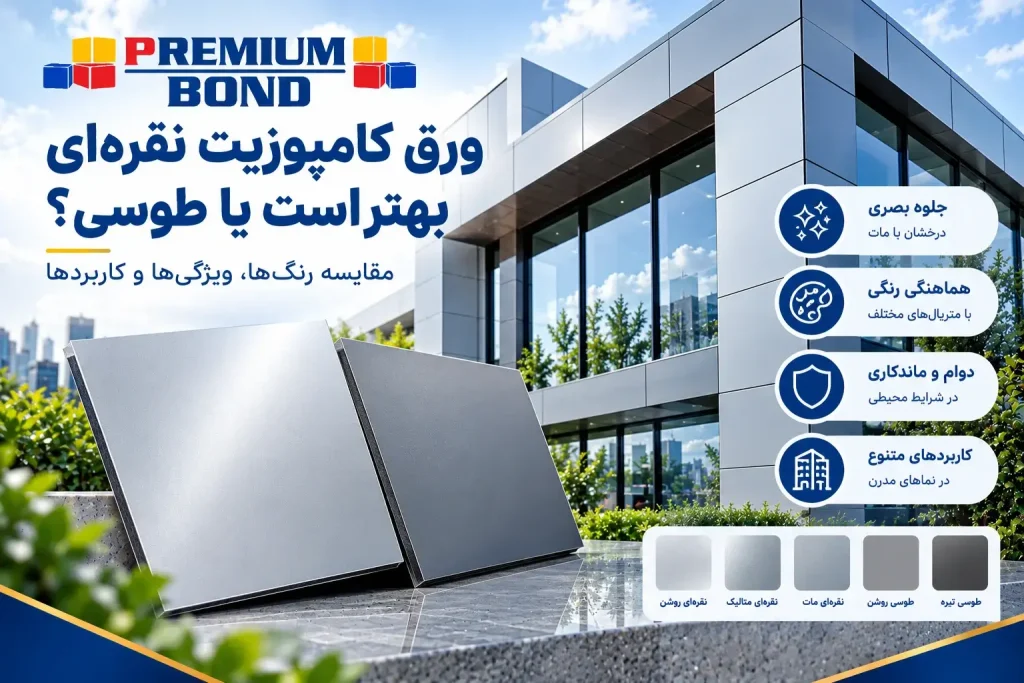 نمای ساختمان با ورق کامپوزیت نقره‌ای و شیشه تیره
