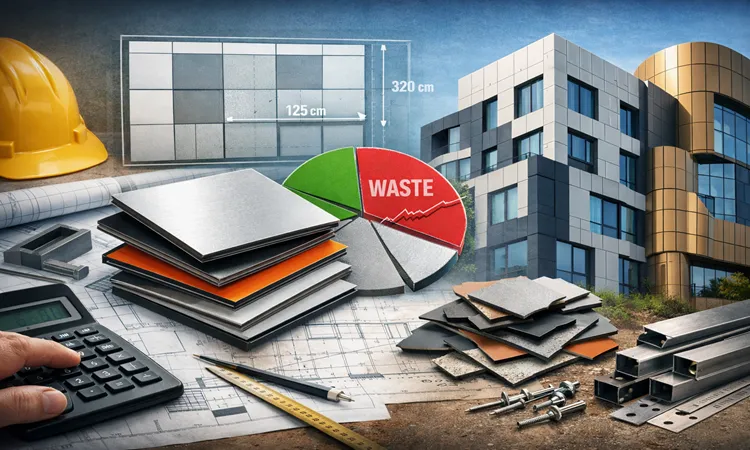 محاسبه تعداد ورق کامپوزيت: راهنمای برآورد شيت، پرت، و متريال اجرای نما | پرمیوم باند